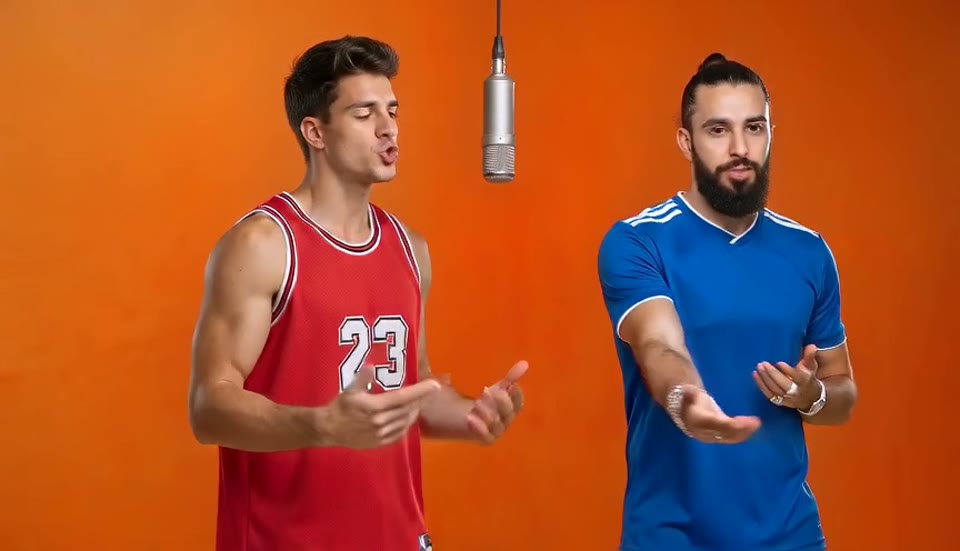 A frame from an AI Migos video: two brothers in sports jerseys