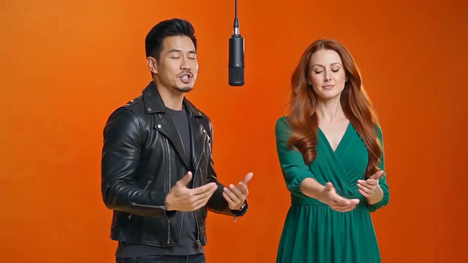 A couple performing the Migos AI song in the orange booth