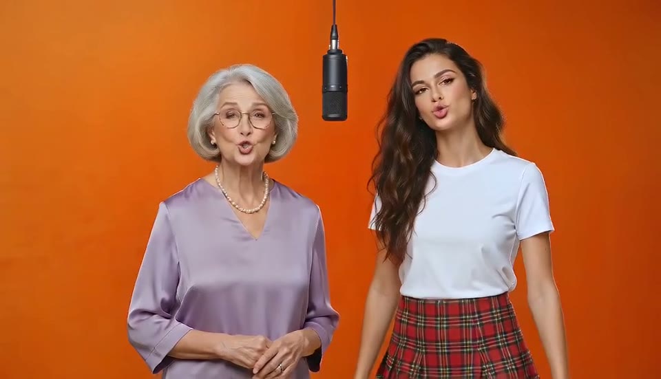 A grandmother and her granddaughter performing in the orange Hotel Lobby booth